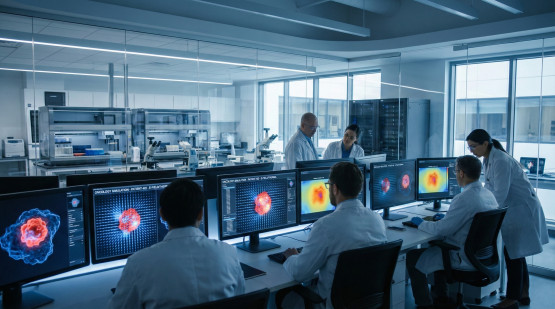 Research institute team reviewing oncology simulation outputs