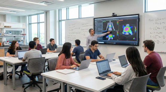 University class using simulation software in biomedical education